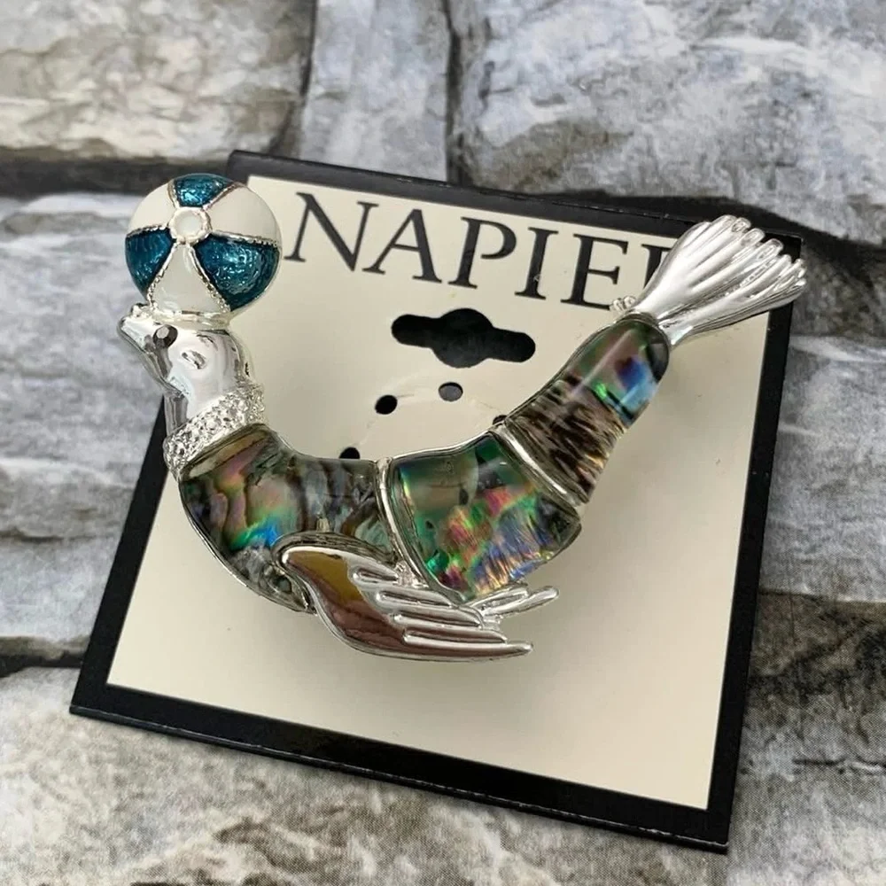 #67 Napier Simulated Abalone Seal Beach Ball Figural Silver Tone Brooch Pin New